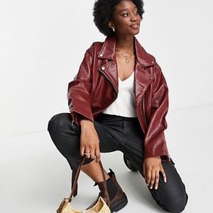 Longline Oversized Faux Leather Moto Jacket in Oxblood